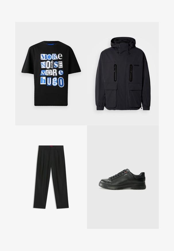 Sort vandtæt jakke med hætte, to lynlås-lommer på brystet og elastiske manchetter. Har et minimalistisk design og "HUGO" branding.; Sort bomulds T-shirt med fremtrædende grafisk tekst i forskellige skrifttyper og nuancer af blå og hvid, arrangeret legende henover forsiden.; Sorte bukser med plisseret design, bred benform og en glat tekstur. Har et rødt taljetag.; Sorte lædersneakers med tekstureret overdel, polstret krave og rødt logo-detajle. Har en tyk gummisål med tydeligt mønster.