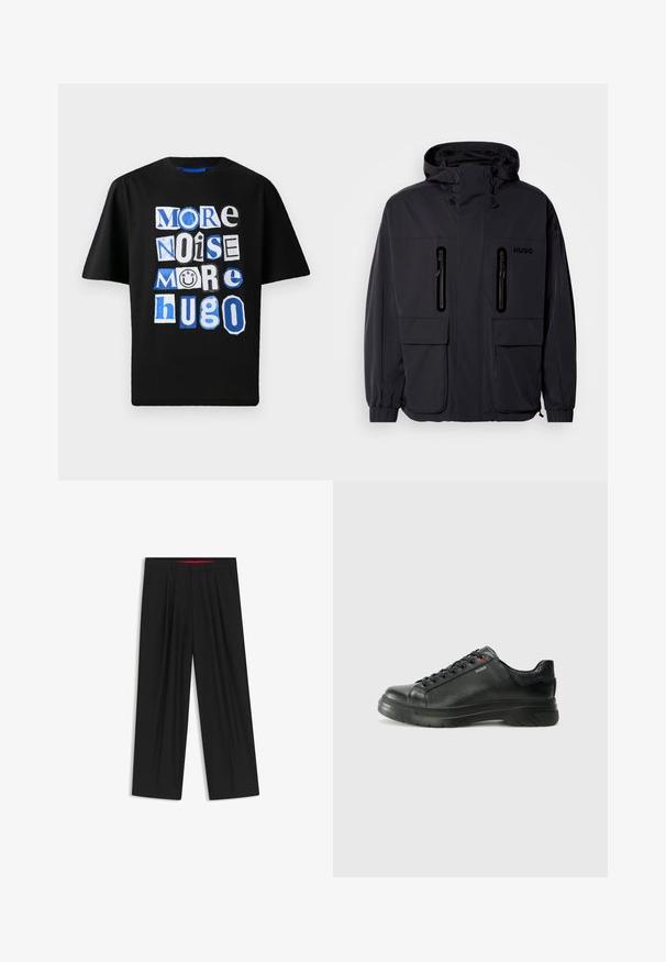 Sort vandtæt jakke med hætte, to lynlås-lommer på brystet og elastiske manchetter. Har et minimalistisk design og "HUGO" branding.; Sort bomulds T-shirt med fremtrædende grafisk tekst i forskellige skrifttyper og nuancer af blå og hvid, arrangeret legende henover forsiden.; Sorte brede bukser med flad front, to sidelommer, plisseret design og en kontrastfarvet rød inderside på linningen.; Sorte lædersneakers med tekstureret overdel, polstret krave og rødt logo-detajle. Har en tyk gummisål med tydeligt mønster.