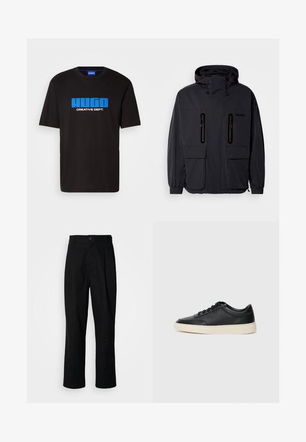 Juodas vandeniui atsparus džemperis su kapišonu, dviem užtrauktukais uždaromomis krūtinės kišenėmis ir elastingais rankogaliais. Išsiskiria minimalistiniu dizainu ir "HUGO" prekės ženklo žyme.; Juodas medvilnės marškinėliai su mėlynu "HUGO" logotipu ir "CREATIVE DEPT." tekstu priekyje. Trumpomis rankovėmis, apvalia kaklo iškirpte.; Juodas tiesus kojų kelnes su sagomis juosmenyje, diržo kilpomis ir priekine raukšle, parodytas prieš paprastą baltą foną.; Juoda žema viršutinė odinė sportbačiai su juodais raišteliais ir kreminiu padu, pateikti šoniniame profilyje ant baltos fono.