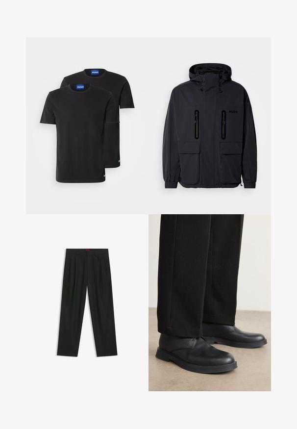 Black waterproof jacket with a hood, two zippered chest pockets, and elastic cuffs. Features minimalistic design and "HUGO" branding.; Two black cotton T-shirts with round necklines, short sleeves, and blue "HUGO" labels on the collars and side hems.; Black trousers with a pleated design, wide leg shape, and a smooth texture. Features a red waistband tag.; Black leather shoes with a rounded toe, flat sole, and minimal detailing. Paired with tailored black pants, showing smooth texture.