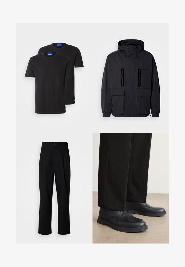 Geacă impermeabilă neagră cu glugă, două buzunare pe piept cu fermoar și manșoane elastice. Prezintă un design minimalist și branding "HUGO".; Două tricouri negre din bumbac cu guler rotund, mâneci scurte și etichete albastre "HUGO" pe guler și pe tivul lateral.; Pantaloni negri cu croială dreaptă, cu talie cu nasturi, bucle pentru curea și cute pe față, prezentati pe un fundal alb simplu.; Pantofi din piele neagră, cu vârf rotund, talpă plată și detalii minime. Asortați cu pantaloni negri croiți, care prezintă o textură netedă.