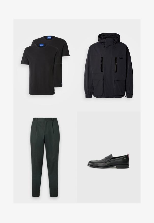 Črna vodoodporna jakna s kapuco, dvema žepoma z zadrgo na prsih in elastičnimi manšetami. Ima minimalističen dizajn in blagovno znamko "HUGO".; Dve črne bombažne majice s kratkimi rokavi in okroglim izrezom, z modrimi oznakami "HUGO" na ovratnikih in stranskih robovih.; Temnozeleni hlače s krojem, ki se prilega telesu, z ravnim sprednjim delom, dvema pregiboma in zadnjima žepoma. Narejene so iz gladkega, lahkotnega materiala.; Črne usnjene loafer čevlje z teksturiranim sprednjim delom in gladkimi stranmi. Imajo ozko peto in zadnji zanko za enostavno obuvanje. Klasična zasnova.