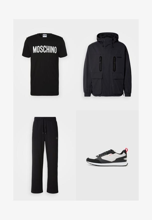 Zwarte waterdichte jas met een capuchon, twee ritszakken op de borst en elastische manchetten. Heeft een minimalistisch ontwerp en "HUGO" branding.; Zwarte katoenen t-shirt met opvallende witte "MOSCHINO" tekst op de voorkant; ronde hals en korte mouwen. Eenvoudig ontwerp, klassieke pasvorm.; Zwarte sweatpants gemaakt van zachte stof, met een trekkoord in de taille, rechte pijpen en een discrete merklogo aan de zijkant.; Zwart-witte sneakers met een bovenwerk van suède en mesh, voorzien van een rode trekstang en een gestructureerde zool. Vetersluiting met logodetail.