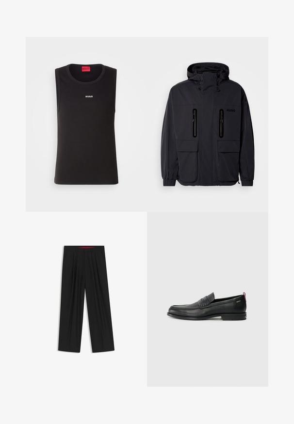 Zwarte waterdichte jas met een capuchon, twee ritszakken op de borst en elastische manchetten. Heeft een minimalistisch ontwerp en "HUGO" branding.; Zwarte mouwloze t-shirt van zachte katoen, met een ronde hals en een wit "HUGO" logo op de voorkant. Eenvoudig en aansluitend ontwerp.; Zwarte wijde broek met een vlakke voorkant, twee zijzakken, geplooid ontwerp en een contrasterende rode binnenband.; Zwarte leren instappers met een textuur aan de voorkant en gladde zijden. Voorzien van een slanke hak en een lus aan de achterkant voor gemakkelijk aan- en uittrekken. Klassiek ontwerp.