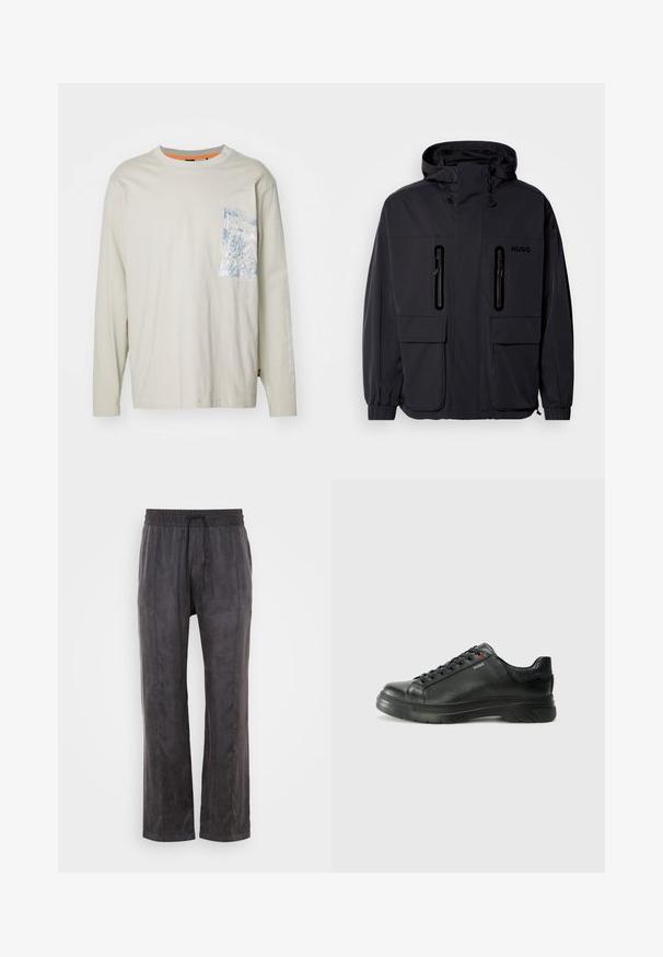 Juodas vandeniui atsparus džemperis su kapišonu, dviem užtrauktukais uždaromomis krūtinės kišenėmis ir elastingais rankogaliais. Išsiskiria minimalistiniu dizainu ir "HUGO" prekės ženklo žyme.; Šviesiai smėlinės spalvos ilgomis rankovėmis marškiniai iš medvilnės. Turi mėlyną raštuotą krūtinės kišenę ir oranžinius akcentus ant apykaklės.; Juodos kelnes, pagamintas iš minkštos medžiagos su lygiu paviršiumi, turinčios elastingą juosmenį ir raištelį, plačiomis kojomis ir šoninėmis siūlėmis.; Juodos odinės sportinės bateliai su tekstūruota viršutine dalimi, paminkštinta apykakle ir raudonu logotipo akcentu. Yra storas guminis padas su išskirtiniu protektoriaus raštu.