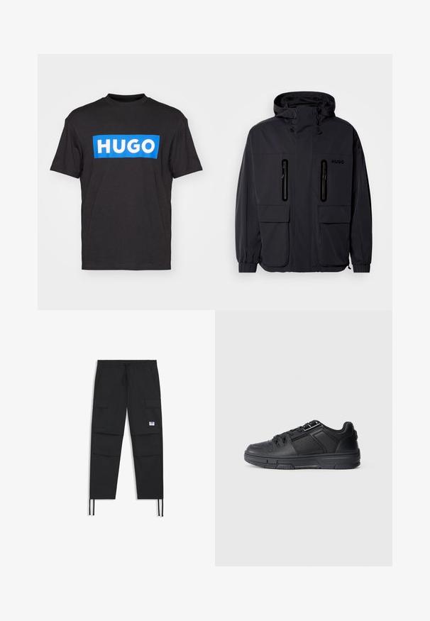 Casaco impermeável preto com capuz, duas bolsas de peito com fecho éclair e punhos elásticos. Apresenta um design minimalista e a marca "HUGO".; T-shirt de algodão preto com um logotipo retangular azul com o texto "HUGO" em branco, decote redondo e mangas curtas.; Calças cargo pretas com cintura elástica, múltiplos bolsos, punhos elásticos e um discreto patch com logótipo. Feitas de um tecido leve.; Sapatilha desportiva preta com um cabedal de couro liso, detalhes texturizados, perfurações e uma sola de borracha com perfil plano.