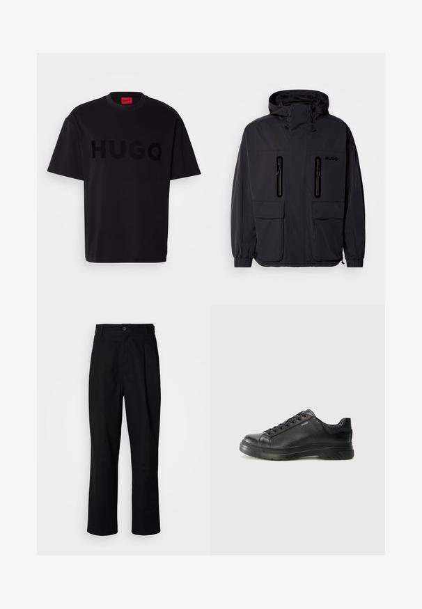 Juodas vandeniui atsparus džemperis su kapišonu, dviem užtrauktukais uždaromomis krūtinės kišenėmis ir elastingais rankogaliais. Išsiskiria minimalistiniu dizainu ir "HUGO" prekės ženklo žyme.; Juodas medvilnės marškinėliai su trumpomis rankovėmis, apvaliu kaklu, su dideliu, blizgiu juodu "HUGO" logotipu priekyje. Lygi tekstūra.; Juodas tiesus kojų kelnes su sagomis juosmenyje, diržo kilpomis ir priekine raukšle, parodytas prieš paprastą baltą foną.; Juodos odinės sportinės bateliai su tekstūruota viršutine dalimi, paminkštinta apykakle ir raudonu logotipo akcentu. Yra storas guminis padas su išskirtiniu protektoriaus raštu.