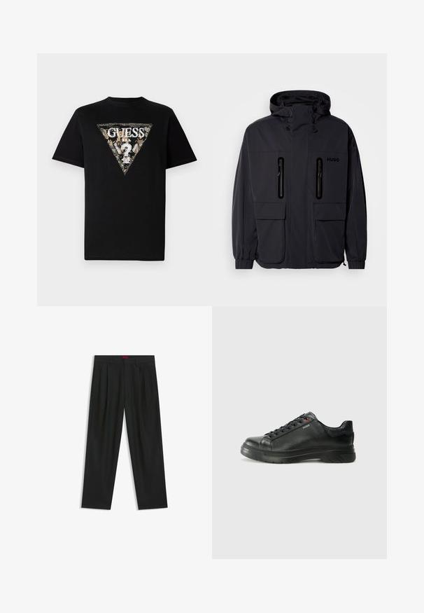 Zwarte waterdichte jas met een capuchon, twee ritszakken op de borst en elastische manchetten. Heeft een minimalistisch ontwerp en "HUGO" branding.; Zwarte katoenen T-shirt met een driehoekig geprint logo in goud en wit met bloemaccenten en de tekst "GUESS" in het midden.; Zwarte broek met een geplooid ontwerp, wijde pijpen en een zachte textuur. Voorzien van een rode taillebandlabel.; Zwarte leren sneaker met een gestructureerde bovenkant, gevoerde kraag en rode logo-details. Heeft een dikke rubberen zool met een opvallend loopvlakpatroon.