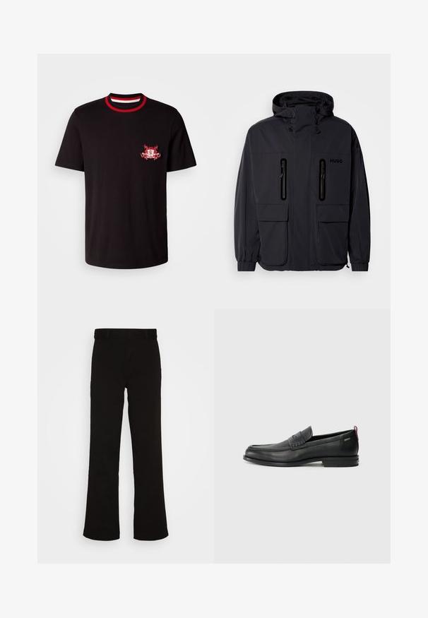 Melna ūdensnecaurlaidīga jaka ar kapuci, divām kabatām ar rāvējslēdzēju krūšu augšdaļā un elastīgām aprocēm. Ievēro minimālistisku dizainu un "HUGO" zīmolu.; Melna kokvilnas T-kreklā ar apaļu sarkanu un balto ribotu apkakli. Uz kreisā krūškurvja atrodas sarkans un balts izšūts logo.; Melnas platās bikses, izgatavotas no kokvilnas ar gludu tekstūru. Ir plakana fronte un standarta jostasvieta bez redzamām piederumu detaļām.; Melni ādas loafers, ar teksturētu priekšējo paneli un gludām malām. Ar šauru papēdi un aizmugurējo cilpu vieglai uzlikšanai. Klasisks dizains.