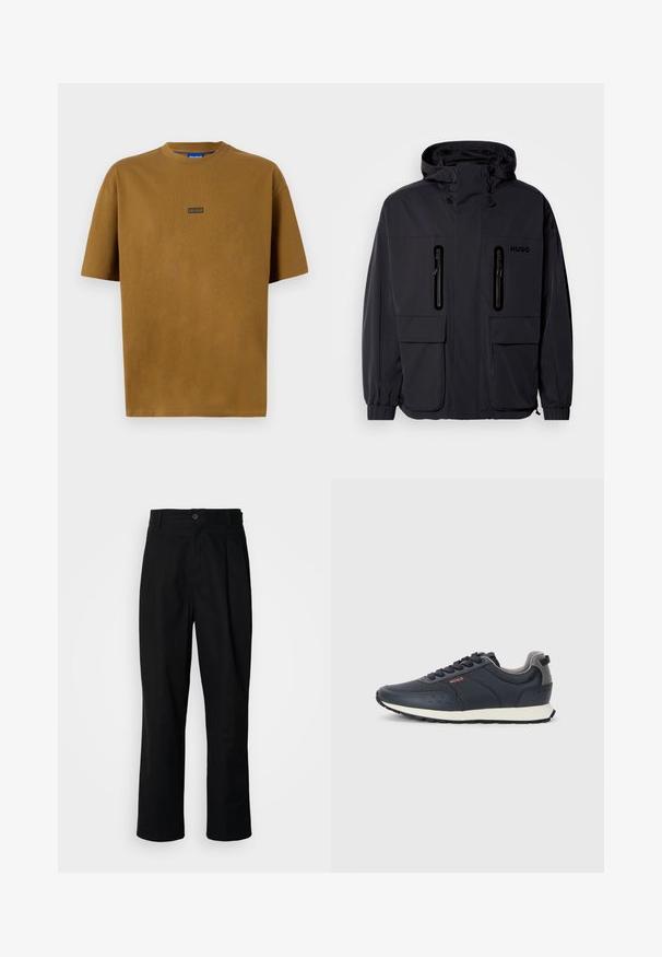 Casaco impermeável preto com capuz, duas bolsas de peito com fecho éclair e punhos elásticos. Apresenta um design minimalista e a marca "HUGO".; T-shirt castanho, de manga curta e com gola redonda, feito de algodão. Apresenta um pequeno patch preto com o logótipo "HUGO" na parte da frente.; Calças pretas de perna reta com uma cintura abotoada, passantes para cinto e vinco frontal, expostas contra um fundo branco liso.; Ténis azul-marinho com um cabedal sintético liso, bico arredondado, detalhes em cinza, design de atacadores e uma entressola branca com uma sola exterior texturizada em preto.