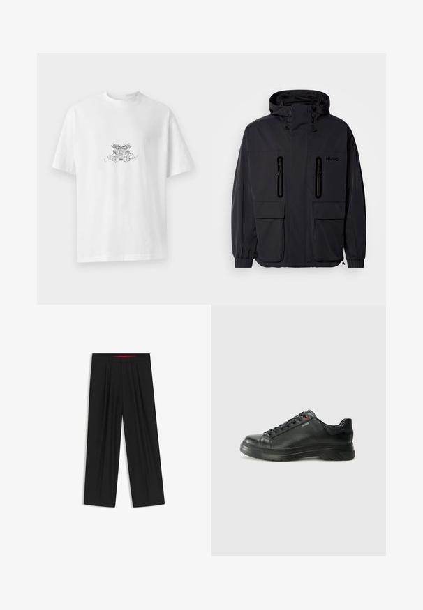Black waterproof jacket with a hood, two zippered chest pockets, and elastic cuffs. Features minimalistic design and "HUGO" branding.; White cotton t-shirt with a round neckline, short sleeves, and a black floral graphic design featuring "HUGO" at the center.; Black wide-leg trousers with a flat front, two side pockets, pleated design, and a contrasting red interior waistband.; Black leather sneaker with textured upper, padded collar, and red logo detail. Features a thick rubber sole with distinct tread pattern.