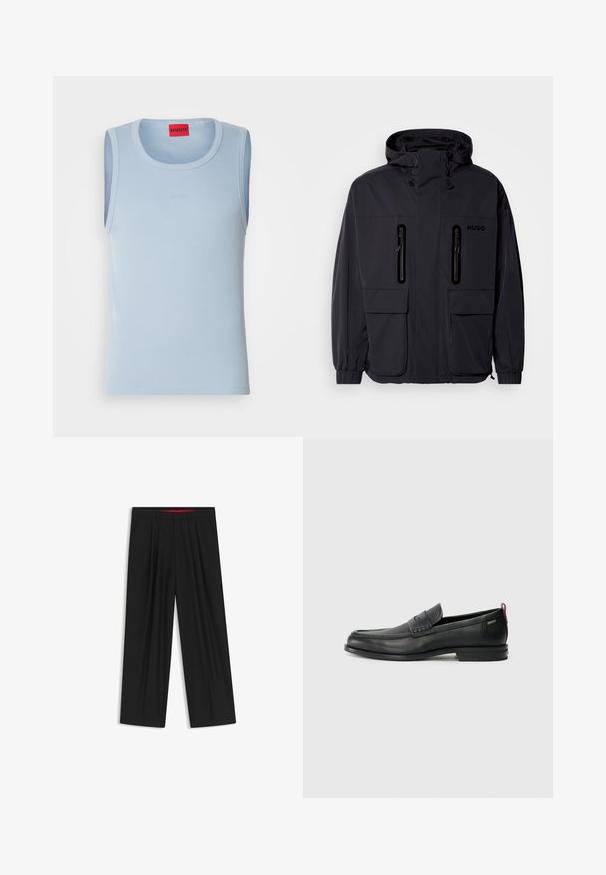 Schwarze wasserdichte Jacke mit Kapuze, zwei mit Reißverschluss versehenen Brusttaschen und elastischen Bündchen. Verfügt über ein minimalistisches Design und "HUGO"-Branding.; Himmelblaues, ärmelloses Tanktop mit gerippter Struktur, runder Ausschnitt und kleinem geprägtem Logo, mit einem roten Markenetikett am Hals.; Schwarze weit geschnittene Hosen mit flachem Bund, zwei seitlichen Taschen, gefaltetem Design und einem kontrastierenden roten Innenbund.; Schwarze Lederloafers mit einem strukturierten Vorderteil und glatten Seiten. Sie verfügen über einen schmalen Absatz und eine Schlaufe an der Rückseite für einfaches Anziehen. Klassisches Design.