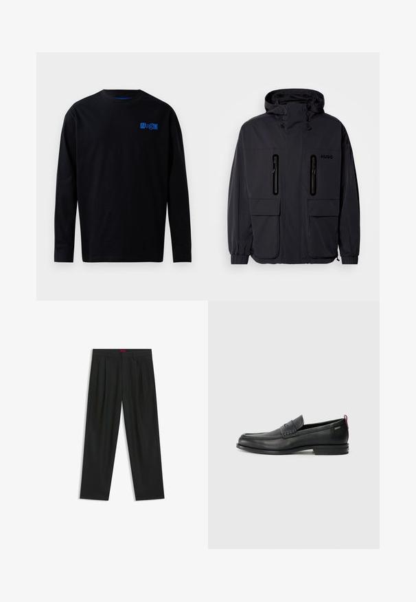 Zwarte waterdichte jas met een capuchon, twee ritszakken op de borst en elastische manchetten. Heeft een minimalistisch ontwerp en "HUGO" branding.; Zwarte lange mouwen T-shirt van katoen, met een blauw logo op de borst. Eenvoudig ontwerp met een ronde hals en rechte snit.; Zwarte broek met een geplooid ontwerp, wijde pijpen en een zachte textuur. Voorzien van een rode taillebandlabel.; Zwarte leren instappers met een textuur aan de voorkant en gladde zijden. Voorzien van een slanke hak en een lus aan de achterkant voor gemakkelijk aan- en uittrekken. Klassiek ontwerp.
