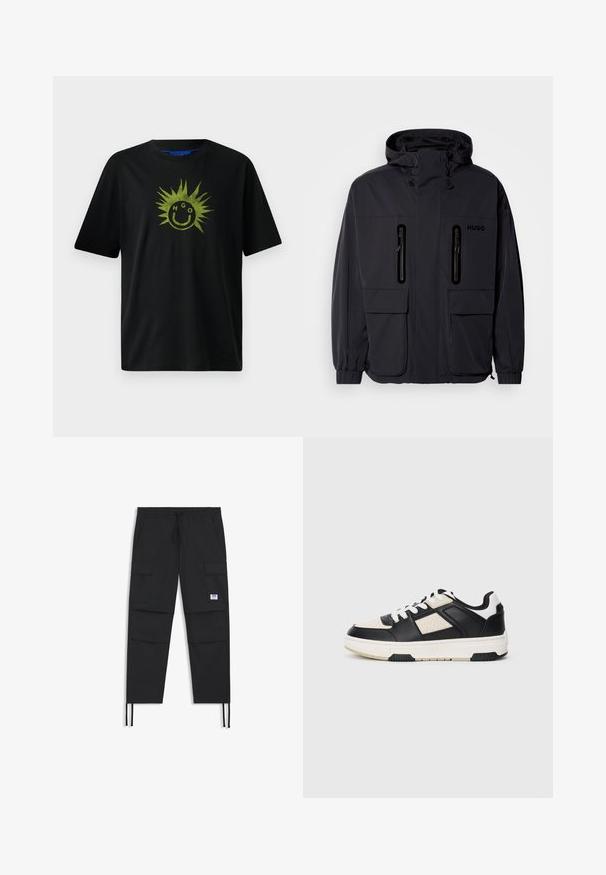 Zwarte waterdichte jas met een capuchon, twee ritszakken op de borst en elastische manchetten. Heeft een minimalistisch ontwerp en "HUGO" branding.; Zwarte katoenen t-shirt met korte mouwen, voorzien van een groene zonafbeelding en een smiley gezicht ontwerp, met de letters "HGO" geïntegreerd.; Zwarte cargobroek met een trekkoord in de taille, meerdere zakken, elastische manchetten en een subtiele logo patch. Gemaakt van lichte stof.; Zwarte en crèmekleurige sneaker met een gestructureerd leren bovenwerk, ronde neus, witte veters en een stevige witte zool met zwarte accenten.