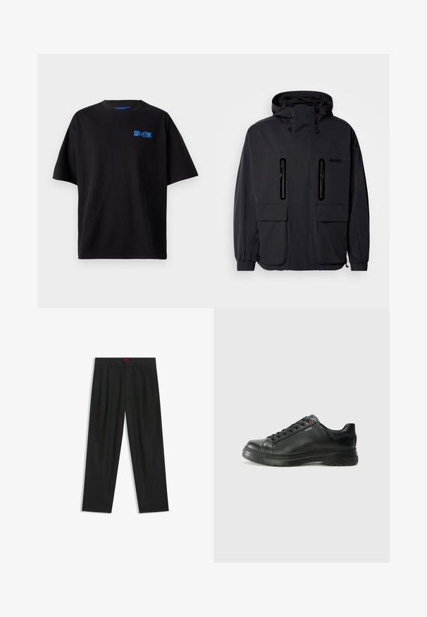 Black waterproof jacket with a hood, two zippered chest pockets, and elastic cuffs. Features minimalistic design and "HUGO" branding.; Black cotton t-shirt with a relaxed fit, featuring a blue "Hug" logo on the chest, round neckline, and short sleeves. Simple design.; Black trousers with a pleated design, wide leg shape, and a smooth texture. Features a red waistband tag.; Black leather sneaker with textured upper, padded collar, and red logo detail. Features a thick rubber sole with distinct tread pattern.