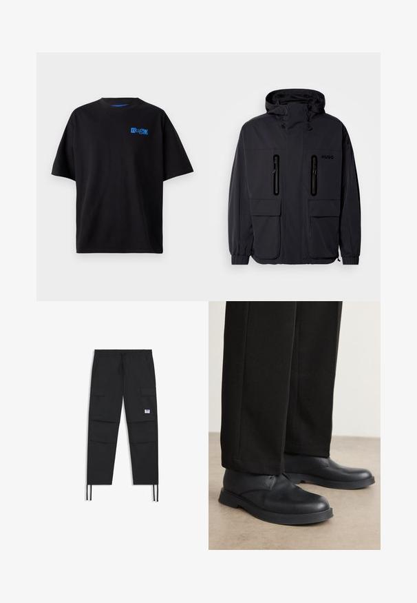 Czarna wodoodporna kurtka z kapturem, z dwoma zamykanymi na zamek kieszeniami na piersi i elastycznymi mankietami. Posiada minimalistyczny design i branding "HUGO".; Czarna bawełniana koszulka z luźnym krojem, z niebieskim logo "Hug" na klatce piersiowej, okrągłym dekoltem i krótkimi rękawami. Prosty design.; Czarne spodnie cargo z regulowanym pasem, wieloma kieszeniami, elastycznymi mankietami i subtelną naszywką z logo. Wykonane z lekkiego materiału.; Czarne skórzane buty z zaokrąglonym noskiem, płaską podeszwą i minimalnymi detalami. W komplecie z dopasowanymi czarnymi spodniami, ukazującymi gładką fakturę.