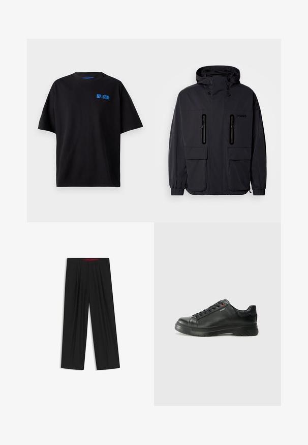 Sort vandtæt jakke med hætte, to lynlås-lommer på brystet og elastiske manchetter. Har et minimalistisk design og "HUGO" branding.; Sort bomulds t-shirt med en afslappet pasform, som har et blåt "Hug" logo på brystet, rund halsudskæring og korte ærmer. Enkel design.; Sorte brede bukser med flad front, to sidelommer, plisseret design og en kontrastfarvet rød inderside på linningen.; Sorte lædersneakers med tekstureret overdel, polstret krave og rødt logo-detajle. Har en tyk gummisål med tydeligt mønster.