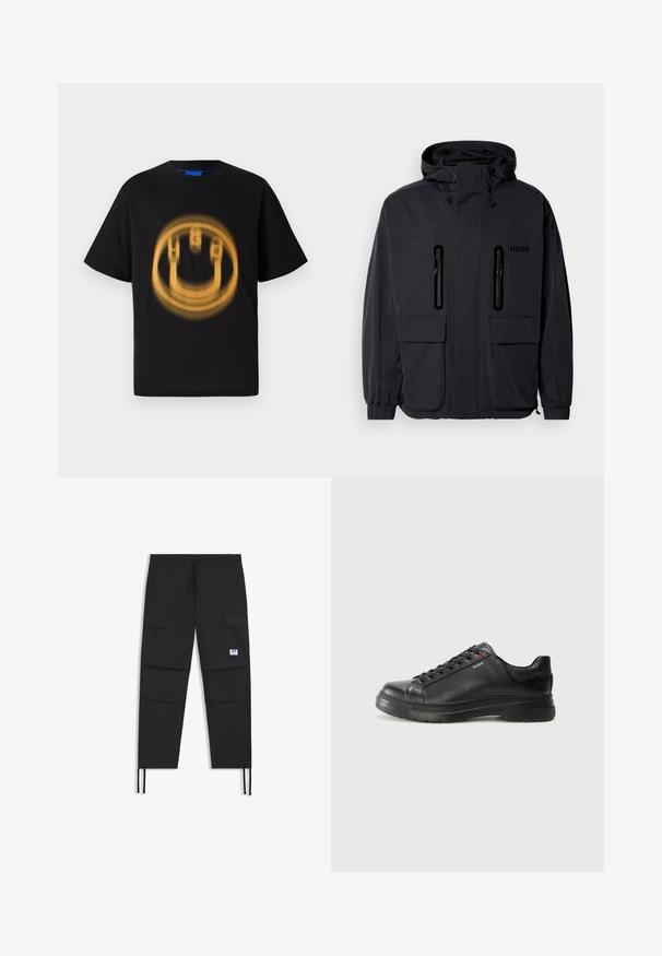 Chaqueta impermeable negra con capucha, dos bolsillos en el pecho con cremallera y puños elásticos. Presenta un diseño minimalista y el logotipo "HUGO".; Camiseta de algodón negra con mangas cortas que presenta un gráfico circular, amarillento y desgastado de una cara sonriente en el frente.; Pantalones cargo negros con cintura ajustable mediante cordón, múltiples bolsillos, puño elástico y un sutil parche de logo. Fabricados con tejido ligero.; Zapatilla negra de cuero con parte superior texturizada, cuello acolchado y detalle del logo en rojo. Presenta una suela de goma gruesa con un patrón de relieve distintivo.
