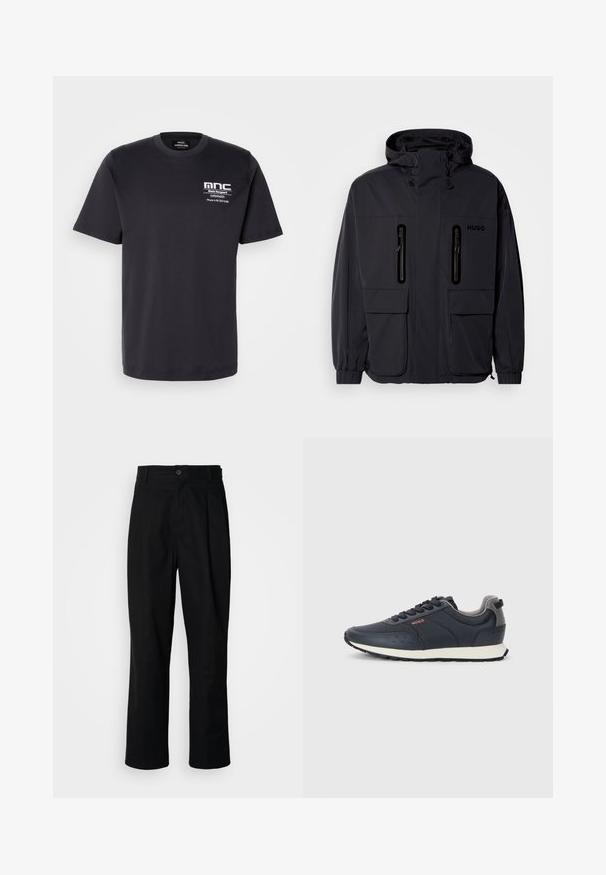 Zwarte waterdichte jas met een capuchon, twee ritszakken op de borst en elastische manchetten. Heeft een minimalistisch ontwerp en "HUGO" branding.; Zwart katoenen T-shirt met korte mouwen, ronde halslijn en een borstprint met "mnc" en contactgegevens in het wit. Klassiek pasvorm ontwerp.; Zwarte rechte broek met een knoopsluiting, lusjes voor een riem en een voornaad, gepresenteerd tegen een effen witte achtergrond.; Marineblauwe sneakers met een gladde synthetische bovenkant, ronde neus, grijze accenten, vetersluiting en een witte tussenzool met een gestructureerde zwarte buitenzool.