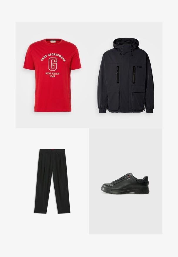Veste imperméable noire avec capuche, deux poches poitrine zippées et poignets élastiques. Présente un design minimaliste et un logo "HUGO".; T-shirt rouge à manches courtes, en coton, avec un imprimé en texte blanc "GANT SPORTSWEAR" et "NEW HAVEN 1949" dans une police classique.; Pantalons noirs avec un design plissé, une coupe large et une texture lisse. Présente une étiquette de taille rouge.; Sneaker en cuir noir avec une tige texturée, un col rembourré et un détail de logo rouge. Caractéristiques d'une épaisse semelle en caoutchouc avec un motif de semelle distinct.