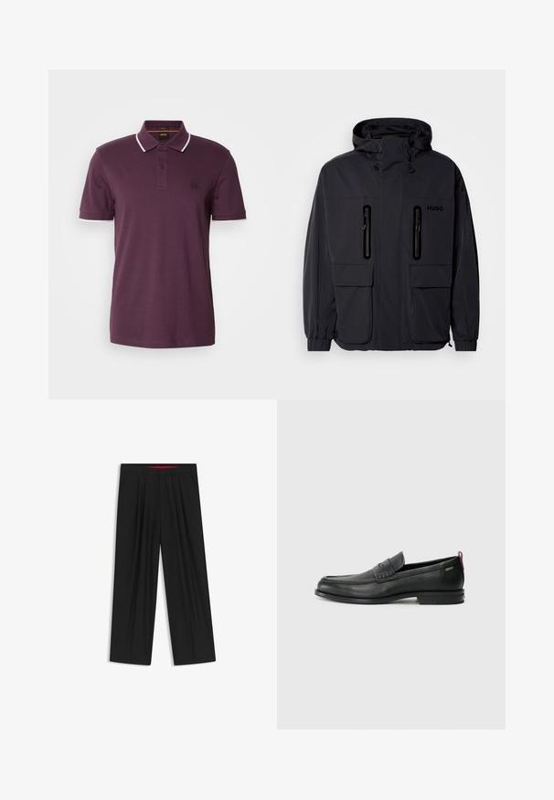 Zwarte waterdichte jas met een capuchon, twee ritszakken op de borst en elastische manchetten. Heeft een minimalistisch ontwerp en "HUGO" branding.; Donkerpaars polo-shirt met een twee-knopen placket, witte accenten op de kraag en mouwen, en een klein logopatch op de borst.; Zwarte wijde broek met een vlakke voorkant, twee zijzakken, geplooid ontwerp en een contrasterende rode binnenband.; Zwarte leren instappers met een textuur aan de voorkant en gladde zijden. Voorzien van een slanke hak en een lus aan de achterkant voor gemakkelijk aan- en uittrekken. Klassiek ontwerp.