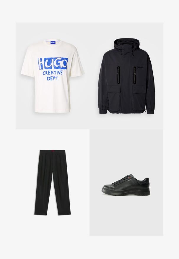 Schwarze wasserdichte Jacke mit Kapuze, zwei mit Reißverschluss versehenen Brusttaschen und elastischen Bündchen. Verfügt über ein minimalistisches Design und "HUGO"-Branding.; Weißes Baumwoll-T-Shirt mit blauer Grafikbeschriftung "HUGO" und "CREATIVE DEPT." auf der Vorderseite, kurzen Ärmeln und einem Rundhalsausschnitt.; Schwarze Hose mit einem gefältelten Design, weiter Beinform und glatter Textur. Verfügt über ein rotes Taillenlabel.; Schwarze Leder-Sneaker mit strukturiertem Obermaterial, gepolstertem Kragen und rotem Logo-Detail. Verfügt über eine dicke Gummisohle mit markantem Profil.