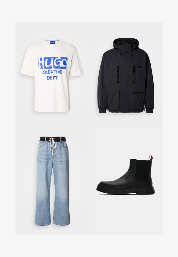 Svart vanntett jakke med hette, to glidelåslommer på brystet og elastiske mansjetter. Har et minimalistisk design og "HUGO"-merke.; Hvit bomull T-skjorte med blå grafisk tekst "HUGO" og "CREATIVE DEPT." på forsiden, korte ermer og rund hals.; Lyseblå vide jeans med svart elastisk midje, som har snøring og klassisk fem-lommers design.; Sorte ankelstøvler med en glat overflade, elastiske sidepaneler og en kontrastfyldt rød trækflik, med en tykk gummisål og rund tå.