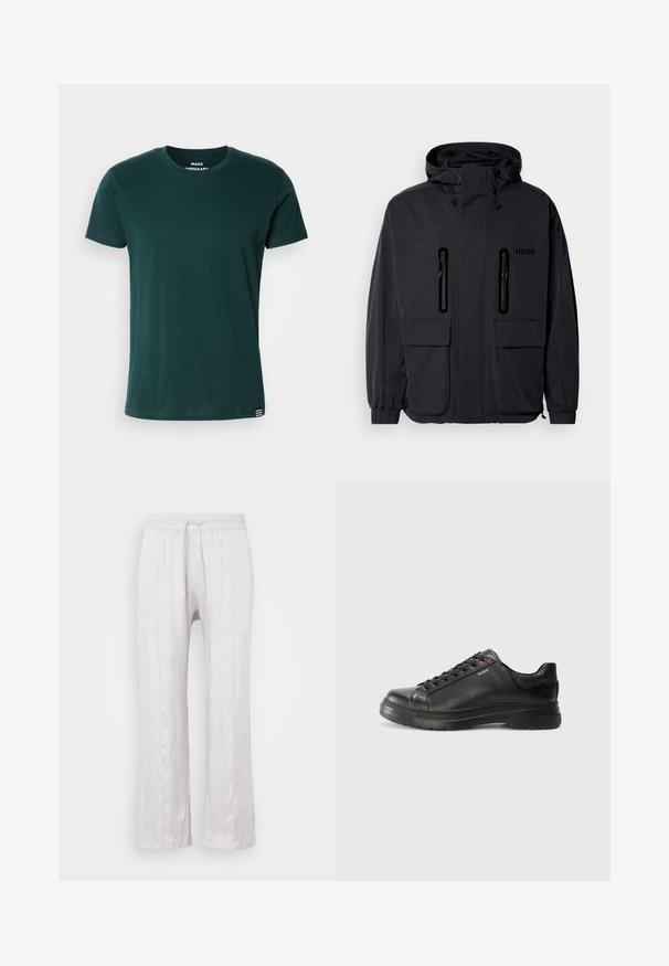 Svart vanntett jakke med hette, to glidelåslommer på brystet og elastiske mansjetter. Har et minimalistisk design og "HUGO"-merke.; Mørkegrønn bomulls T-skjorte med rund hals, korte ermer og en liten stripet detalj ved nederkant. Enkelt, klassisk design.; Lys grå, løstsittende bukser i glatt stoff med elastisk midjebånd og snor. Rett ben med subtile folder, ingen synlige mønstre.; Svarte lærsneakers med teksturert overdel, polstret krage og rød logodetalj. Har en tykk gummisåle med tydelig mønster.