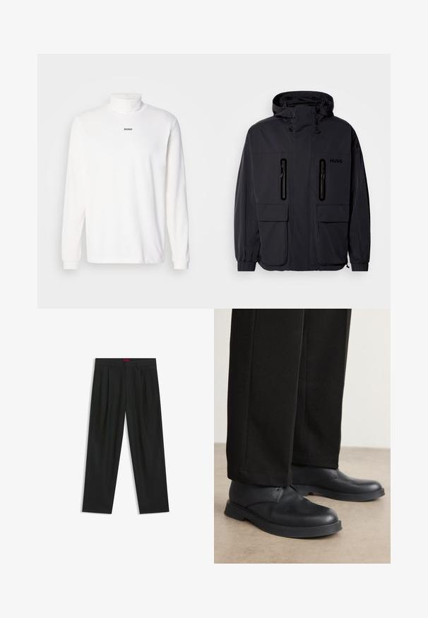 Schwarze wasserdichte Jacke mit Kapuze, zwei mit Reißverschluss versehenen Brusttaschen und elastischen Bündchen. Verfügt über ein minimalistisches Design und "HUGO"-Branding.; Weißes Langarm-Turtleneck-Shirt aus weichem Stoff, mit einem dezenten schwarzen "HUGO"-Logo auf der Vorderseite und engen Bündchen.; Schwarze Hose mit einem gefältelten Design, weiter Beinform und glatter Textur. Verfügt über ein rotes Taillenlabel.; Schwarze Lederschuhe mit abgerundeter Zehe, flacher Sohle und minimalem Design. Kombiniert mit maßgeschneiderten schwarzen Hosen, die eine glatte Textur zeigen.