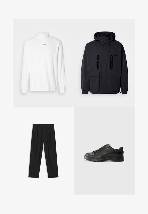 Zwarte waterdichte jas met een capuchon, twee ritszakken op de borst en elastische manchetten. Heeft een minimalistisch ontwerp en "HUGO" branding.; Witte langemouwen turtleneck-shirt van zachte stof, met een subtiele zwarte "HUGO"-logo op de voorkant en aansluitende manchetten.; Zwarte broek met een geplooid ontwerp, wijde pijpen en een zachte textuur. Voorzien van een rode taillebandlabel.; Zwarte leren sneaker met een gestructureerde bovenkant, gevoerde kraag en rode logo-details. Heeft een dikke rubberen zool met een opvallend loopvlakpatroon.