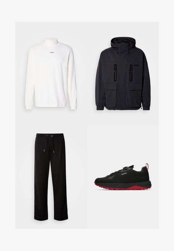 Black waterproof jacket with a hood, two zippered chest pockets, and elastic cuffs. Features minimalistic design and "HUGO" branding.; White long-sleeve turtleneck shirt made of soft fabric, featuring a subtle black "HUGO" logo on the front, with fitted cuffs.; Black, loose-fit sweatpants made of soft fabric, featuring an elastic waistband with a drawstring, and side pockets.; Black athletic sneakers with red sole, featuring a smooth upper material, lace closure, and a rear pull tab. Accented with a silver logo.