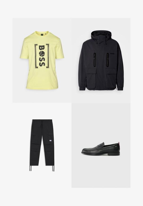 Casaco impermeável preto com capuz, duas bolsas de peito com fecho éclair e punhos elásticos. Apresenta um design minimalista e a marca "HUGO".; T-shirt de algodão amarelo com uma impressão gráfica preta da palavra "BOSS", emoldurada por dois acentos retangulares. Decote redondo e mangas curtas.; Calças cargo pretas com cintura elástica, múltiplos bolsos, punhos elásticos e um discreto patch com logótipo. Feitas de um tecido leve.; Mocassins de couro pretos com um painel frontal texturizado e laterais lisas. Apresentam um salto fino e uma alça na parte de trás para fácil colocação. Design clássico.