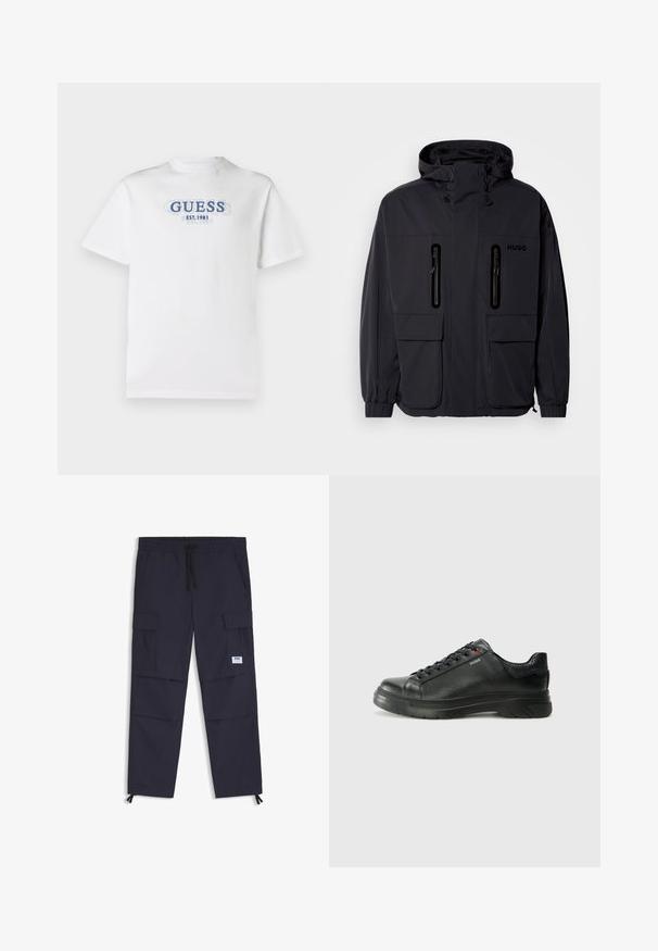 Schwarze wasserdichte Jacke mit Kapuze, zwei mit Reißverschluss versehenen Brusttaschen und elastischen Bündchen. Verfügt über ein minimalistisches Design und "HUGO"-Branding.; Weißes Kurzarm-T-Shirt mit blauer, geschichteter Schrift "GUESS EST. 1981", die zentral auf der Brust platziert ist.; Navy Cargo-Hosen aus leichtem Stoff, mit elastischem Taillenbund, Kordelzug, mehreren Taschen und Reißverschlüssen an den Knöcheln.; Schwarze Leder-Sneaker mit strukturiertem Obermaterial, gepolstertem Kragen und rotem Logo-Detail. Verfügt über eine dicke Gummisohle mit markantem Profil.