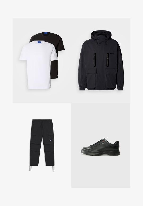 Geacă impermeabilă neagră cu glugă, două buzunare pe piept cu fermoar și manșoane elastice. Prezintă un design minimalist și branding "HUGO".; Două tricouri stivuite: unul alb și unul negru. Mâneci scurte, gât rotund, din material din bumbac. Prezintă un mic logo albastru la gât.; Pantaloni cargo negri cu talie ajustabilă, multiple buzunare, manșete elastice și o pătrățică logo subtilă. Realizați dintr-un material ușor.; Sneaker din piele neagră cu un superior texturat, guler căptușit și detalii cu logo roșu. Are o talpă groasă din cauciuc cu un model de bandă distinct.