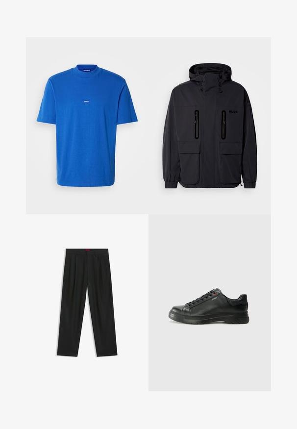 Schwarze wasserdichte Jacke mit Kapuze, zwei mit Reißverschluss versehenen Brusttaschen und elastischen Bündchen. Verfügt über ein minimalistisches Design und "HUGO"-Branding.; Blaues Baumwoll-T-Shirt mit kurzen Ärmeln, Rundhalsausschnitt und einem kleinen Logopatch auf der Brust. Glatte Textur mit einem lässigen Schnitt.; Schwarze Hose mit einem gefältelten Design, weiter Beinform und glatter Textur. Verfügt über ein rotes Taillenlabel.; Schwarze Leder-Sneaker mit strukturiertem Obermaterial, gepolstertem Kragen und rotem Logo-Detail. Verfügt über eine dicke Gummisohle mit markantem Profil.