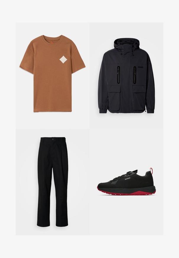 Giacca impermeabile nera con cappuccio, due tasche a zip sul petto e polsini elastici. Presenta un design minimalista e il marchio "HUGO".; Maglietta in cotone marrone a maniche corte, con scollatura rotonda e un patch con logo a diamante bianco sul lato sinistro del petto.; Pantaloni neri a gamba dritta con vita con bottoni, passanti per cintura e piega frontale, esposti su uno sfondo bianco semplice.; Sneaker atletiche nere con suola rossa, caratterizzate da un materiale superiore liscio, chiusura con lacci e un tab sul retro per il sollevamento. Accentuate da un logo argentato.