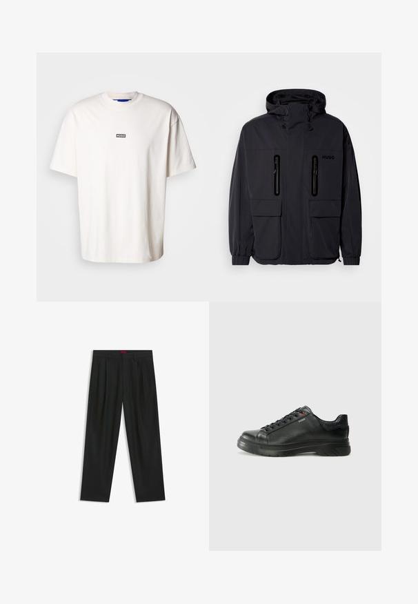 Schwarze wasserdichte Jacke mit Kapuze, zwei mit Reißverschluss versehenen Brusttaschen und elastischen Bündchen. Verfügt über ein minimalistisches Design und "HUGO"-Branding.; Weißes Baumwoll-T-Shirt mit Rundhalsausschnitt und kurzen Ärmeln, das ein kleines schwarzes rechteckiges Logo mit der Aufschrift "HUGO" auf der Brust trägt.; Schwarze Hose mit einem gefältelten Design, weiter Beinform und glatter Textur. Verfügt über ein rotes Taillenlabel.; Schwarze Leder-Sneaker mit strukturiertem Obermaterial, gepolstertem Kragen und rotem Logo-Detail. Verfügt über eine dicke Gummisohle mit markantem Profil.
