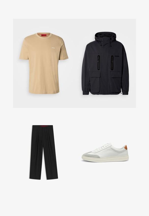 Black waterproof jacket with a hood, two zippered chest pockets, and elastic cuffs. Features minimalistic design and "HUGO" branding.; Beige cotton t-shirt featuring a crew neckline, short sleeves, and a small white "HUGO" logo on the chest. Smooth texture without patterns.; Black wide-leg trousers with a flat front, two side pockets, pleated design, and a contrasting red interior waistband.; White leather sneakers with gray suede accents and a tan leather heel tab. Features a textured surface and lightweight sole.