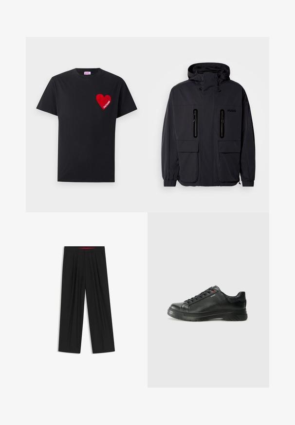 Czarna wodoodporna kurtka z kapturem, z dwoma zamykanymi na zamek kieszeniami na piersi i elastycznymi mankietami. Posiada minimalistyczny design i branding "HUGO".; Czarna bawełniana koszulka z krótkim rękawem, z naszywką w kształcie czerwonego serca i napisem "FUTURE" w białym kolorze. Okrągły dekolt.; Czarne spodnie szerokie o płaskim przodzie, z dwoma bocznymi kieszeniami, plisowanym wzorem i kontrastującym czerwonym wnętrzem pasa.; Czarne skórzane sneakersy z teksturowaną cholewką, miękkim kołnierzem i czerwonym logo. Posiadają grubą gumową podeszwę z wyraźnym wzorem bieżnika.