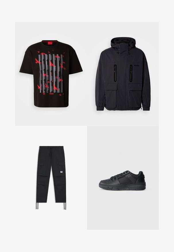 Crna vodoodbojna jakna s kapuljačom, dva ziperirana džepa na prsima i elastičnim manžetama. Ima minimalistički dizajn i "HUGO" logo.; Crna pamučna majica s grafičkim dizajnom preklapajućih sivih linija i crvenih ptica. Logo u crvenoj boji na dnu. Ležeran, širok kroj.; Crne cargo hlače s elastičnim pojasom, više džepova, elastičnim završetkom i suptilnom logotipom. Izrađene od laganog materijala.; Crne atletske cipele s glatkim kožnim gornjim dijelom, teksturiranim naglascima, perforiranim detaljima i gumeni potplat s ravnim profilom.