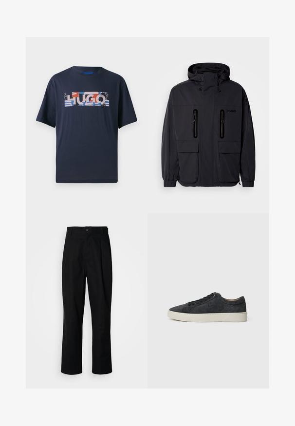 Svart vattentät jacka med huva, två blixtlåsförsedda bröstfickor och elastiska muddar. Har en minimalistisk design och "HUGO"-logotyp.; Mörkblå bomull t-shirt med korta ärmar som har en flerfärgad "HUGO" grafisk design på framsidan i olika former och mönster.; Svarta rakbenade byxor med knäppning i midjan, bälteshällor och framfåll, uppvisade mot en enkel vit bakgrund.; Svarta mockaskor med en slät yta, som har rund tå, snörningsdesign och en kontrasterande vit gummisula.
