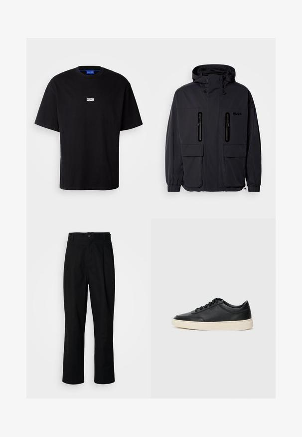 Melna ūdensnecaurlaidīga jaka ar kapuci, divām kabatām ar rāvējslēdzēju krūšu augšdaļā un elastīgām aprocēm. Ievēro minimālistisku dizainu un "HUGO" zīmolu.; Melnas kokvilnas T-kreklā ar apaļu kakla izgriezumu, īsām piedurknēm un baltu taisnstūrveida "HUGO" logo uz krūšu. Gluda tekstūra, brīva piegriezuma.; Melni taisni bikses ar pogu, jostu cilpiņām un priekšējo krokām, izliktas uz vienkārša balta fona.; Melnas zemas ādas sporta kurpes ar melnām auklām un off-white zoli, rādītas no sānu profila uz baltā fona.