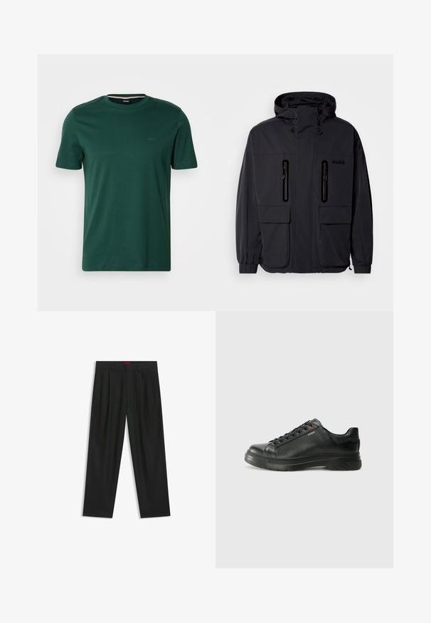 Svart vattentät jacka med huva, två blixtlåsförsedda bröstfickor och elastiska muddar. Har en minimalistisk design och "HUGO"-logotyp.; BOSS THOMPSON - T-shirt - bas - open green; Svarta byxor med vikta detaljer, bred benform och en slät textur. Har en röd midjebandsetikett.; Svart lädersneaker med texturerad ovandel, vadderat krage och röd logotypdetalj. Utrustad med en tjock gummisula med distinkt mönster.