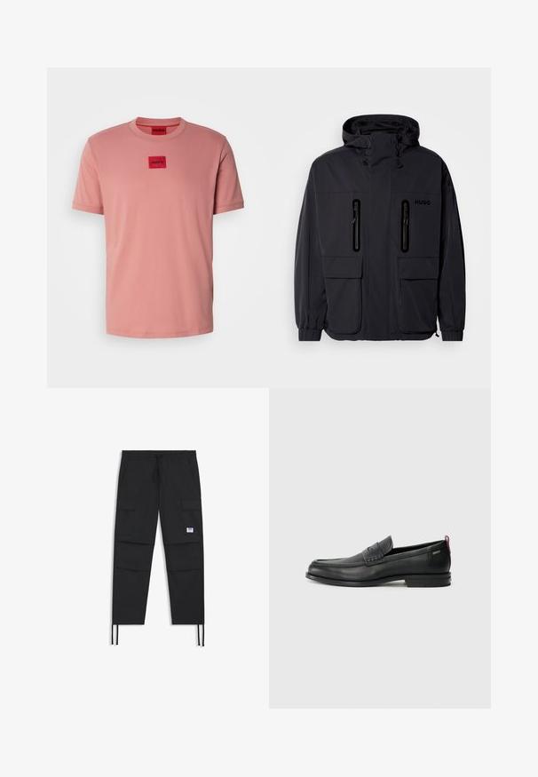 Musta vedenpitävä takki hupulla, jossa on kaksi vetoketjullista rintataskua ja elastiset hihansuut. Ominaisuuksina minimalistinen muotoilu ja "HUGO" -brändäys.; Vaaleanpunainen puuvillapaita pyöreällä kaula-aukolla ja lyhyillä hihoilla, jossa on neliön muotoinen punainen logo-otsikko rinnassa. Sileä rakenne, rento sääntö.; Mustat cargo-housut, joissa on nauhavyötärö, useita taskuja, joustava hihansuu ja huomaamaton logopatch. Valmistettu kevyestä kankaasta.; Musta nahkakengät, joissa on teksturoitu etupaneeli ja sileät sivut. Varustettu kapealla kantapäillä ja takasilmukalla helppoa pukemista varten. Klassinen muotoilu.