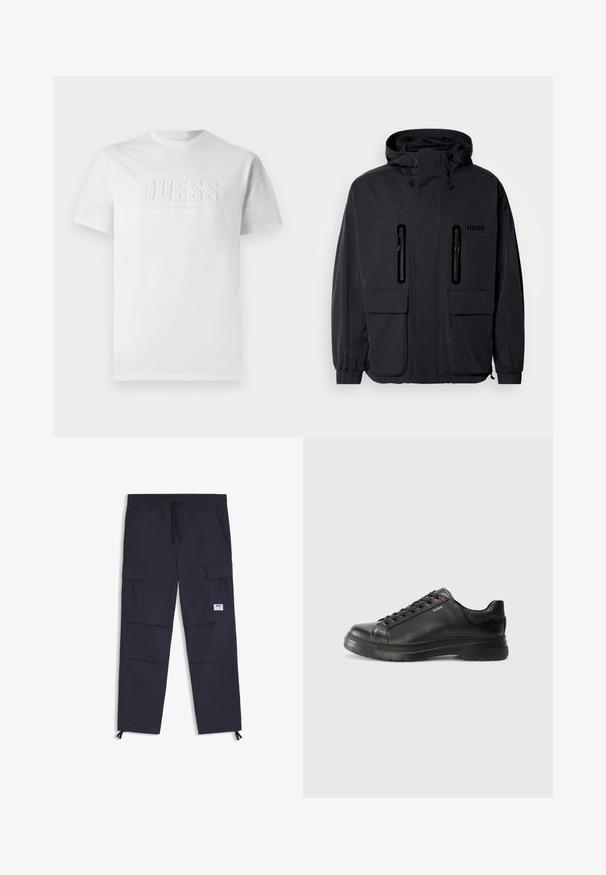 Svart vattentät jacka med huva, två blixtlåsförsedda bröstfickor och elastiska muddar. Har en minimalistisk design och "HUGO"-logotyp.; Vit bomull t-shirt med rund hals, med en texturerad logotyp i mitten som säger "GUESS EST. 1981 CLASSIC AMERICAN STYLE."; Marinblå cargobyxor tillverkade av ett lättviktigt tyg, med elastisk midja, dragsko, flera fickor och blixtlås vid anklarna.; Svart lädersneaker med texturerad ovandel, vadderat krage och röd logotypdetalj. Utrustad med en tjock gummisula med distinkt mönster.