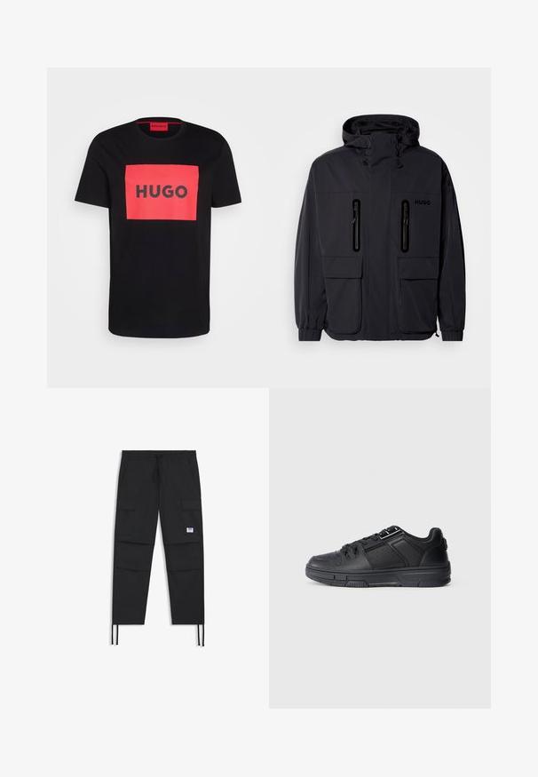 Black waterproof jacket with a hood, two zippered chest pockets, and elastic cuffs. Features minimalistic design and "HUGO" branding.; Black cotton t-shirt featuring a large red rectangular graphic with the word "HUGO" in bold black letters at the center. Round neckline.; Black cargo pants featuring a drawstring waist, multiple pockets, elastic cuff, and a subtle logo patch. Made from lightweight fabric.; Black athletic shoe featuring a smooth leather upper, textured accents, perforated details, and a rubber sole with a flat profile.