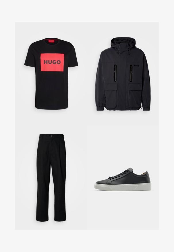 Black waterproof jacket with a hood, two zippered chest pockets, and elastic cuffs. Features minimalistic design and "HUGO" branding.; Black cotton t-shirt featuring a large red rectangular graphic with the word "HUGO" in bold black letters at the center. Round neckline.; Black straight-leg trousers with a buttoned waistband, belt loops, and front crease, displayed against a plain white background.; Black leather sneaker with a smooth texture, round toe, and black laces. Features a thick, white rubber sole with subtle geometric accents.