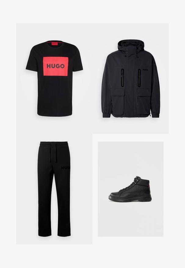 Geacă impermeabilă neagră cu glugă, două buzunare pe piept cu fermoar și manșoane elastice. Prezintă un design minimalist și branding "HUGO".; Tricou din bumbac negru, cu un grafic rectangular mare de culoare roșie, având cuvântul "HUGO" scris cu litere negre îngroșate în centrul său. Gât rotund.; Pantaloni negri de trening cu talie elastică, șnur de ajustare și un mic logo „HUGO” embossat în partea stângă. Textură netedă, croială dreaptă.; Tenisi negri în stil high-top, cu o parte superioară din piele netedă, accente textile cu model, eyelet-uri argintii și o talpă groasă din cauciuc. Detaliu roșu la călcâi.