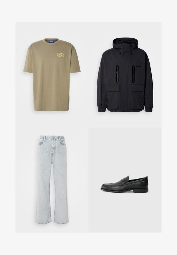 Juodas vandeniui atsparus džemperis su kapišonu, dviem užtrauktukais uždaromomis krūtinės kišenėmis ir elastingais rankogaliais. Išsiskiria minimalistiniu dizainu ir "HUGO" prekės ženklo žyme.; Alyvuogių spalvos marškinėliai, pagaminti iš medvilnės, su apvaliu kaklu ir trumpomis rankovėmis, kairėje krūtinės pusėje turi geltoną siuvinėtą "Hugo" logotipą.; Šviesiai mėlynos džinsinės plačios kelnės su aukštu liemeniu, su mygtukų užsegimu, penkiomis kišenėmis ir subtiliu nudėvėtu raštu.; Juodi odiniai loafersai su tekstūruotu priekinės dalies panele ir lygiomis šoninėmis dalimis. Yra plonas kulnas ir užpakalinė kilpa patogiam užsidėjimui. Klasikinis dizainas.