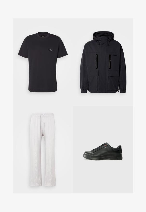 Fekete vízálló dzseki kapucnival, két cipzáras mellzsebbel és rugalmas mandzsettával. Minimalista dizájnnal és "HUGO" logóval ellátva.; Fekete pamut póló kerek nyakkal, rövid ujjal, és egy apró fehér logóval a bal mellrészen. Egyszerű dizájn, puha tapintás.; Világosszürke, laza szabású nadrág sima anyagból, gumis derékkal és zsinórral. Egyenes lábak finom redőkkel, látható minták nélkül.; Fekete bőr sportcipő, textúrált felsőrésszel, párnázott bokarésszel és piros logóval. Vastag gumitalppal rendelkezik, amely jellegzetes futási mintázattal bír.
